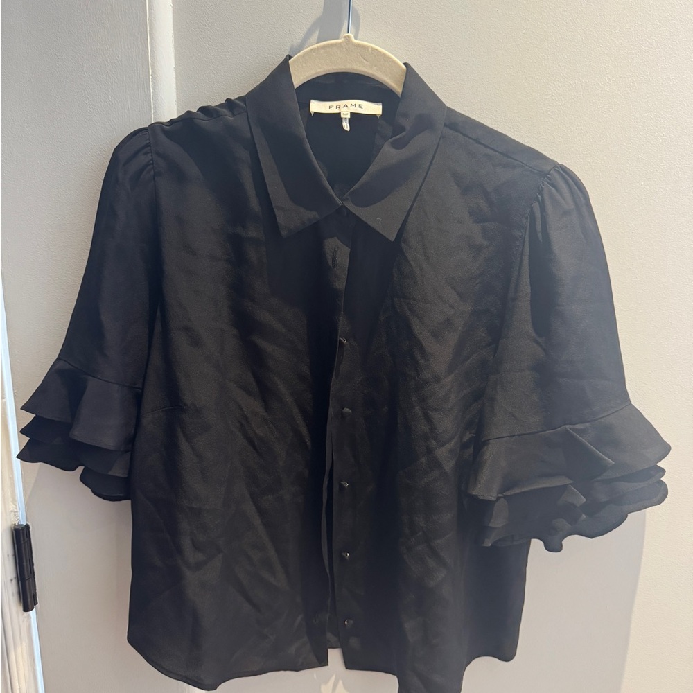 Frame Denim Black Ruffle-Sleeve Button-Front Blouse